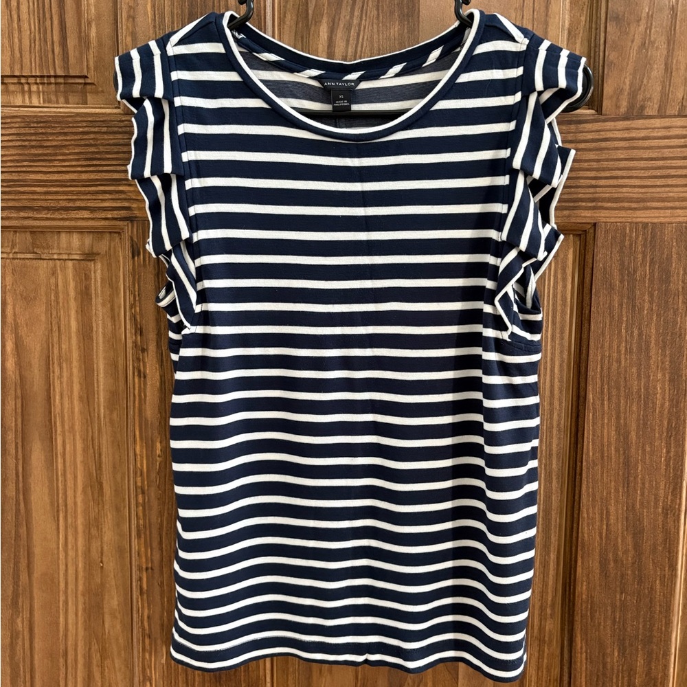 Ann Taylor Navy and White Striped Short Sleeve Top